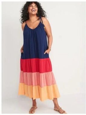 Old Navy Sleeveless Tassel ColorBlock Maxi Dress Navy/Red/Pink/Yellow size Small